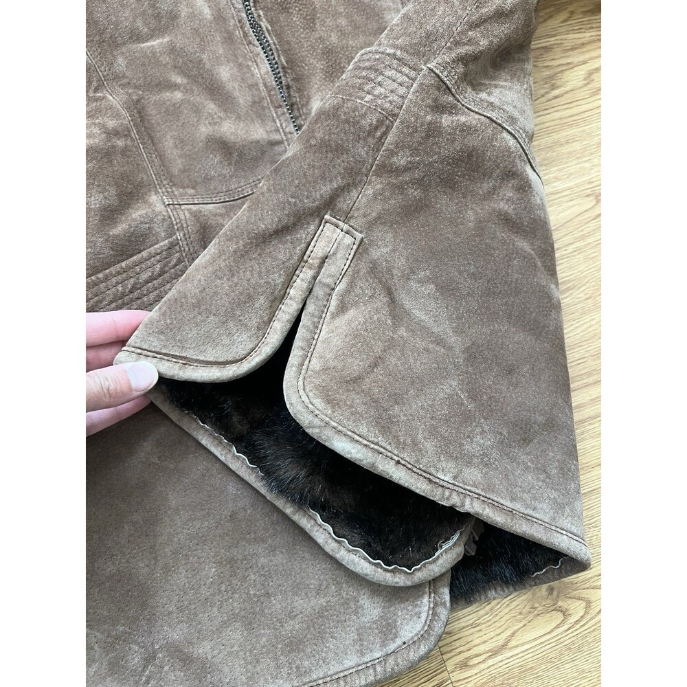 Vtg St Johns Bay Suede Leather Faux Fur Lined  Jacket Zip Hood Womens Sz M Brown - Picture 2 of 11